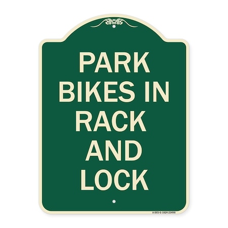 Signmission Park All Bikes in Rack and Lock Heavy-Gauge Aluminum Architectural Sign, 24" x 18", G-1824-23498 A-DES-G-1824-23498